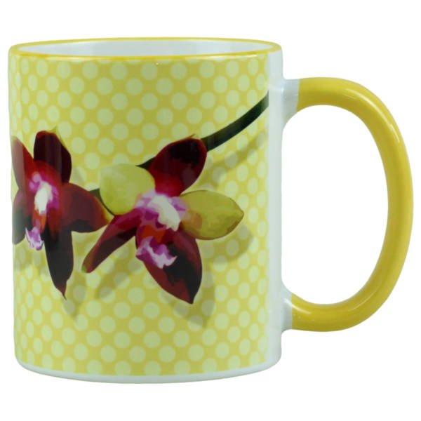 Kaffeebecher mit Orchideen Blüte Phalaenopsis rot