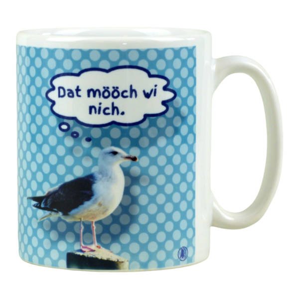 Gepunktete Tasse ‚Dat mööch wi nich!‘ – Norddeutscher Spruch mit Möwe als Motiv, 330ml