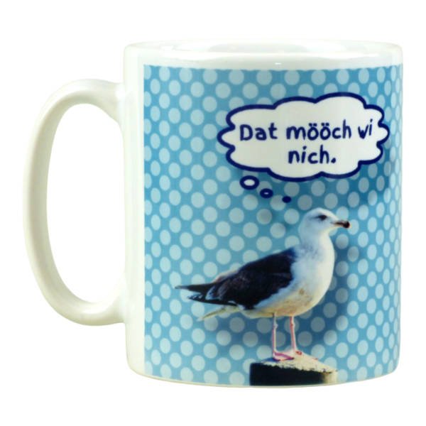 Kaffeebecher mit Spruch auf Norddeutsch und Möwe