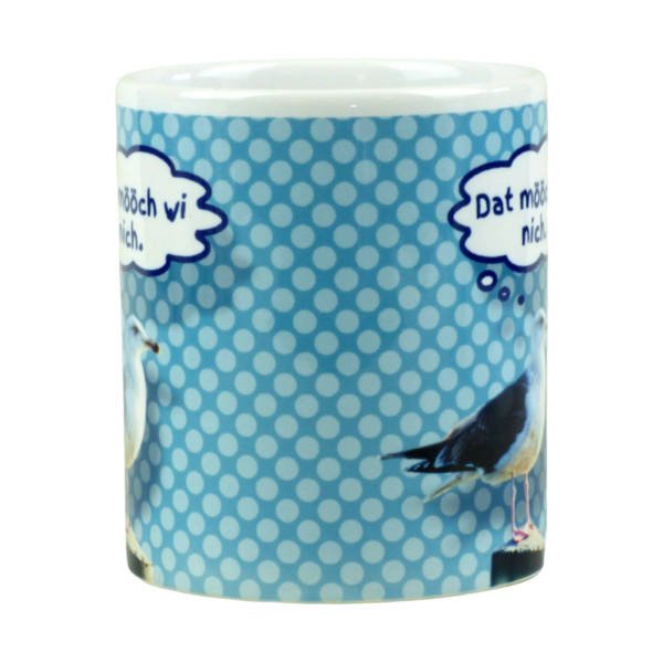 Kaffeebecher mit Spruch auf Norddeutsch und Möwe
