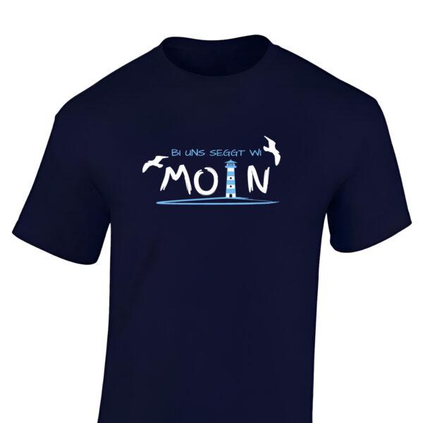 Maritimes T-Shirt Herren mit ‚Moin‘ auf Plattdeutsch, Leuchtturm und Möwen | 100% Baumwolle