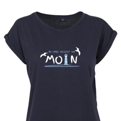 Maritimes Moin T-Shirt für Damen mit Spruch ‘Bi uns seggt wi Moin’ auf Plattdeutsch | Marineblau