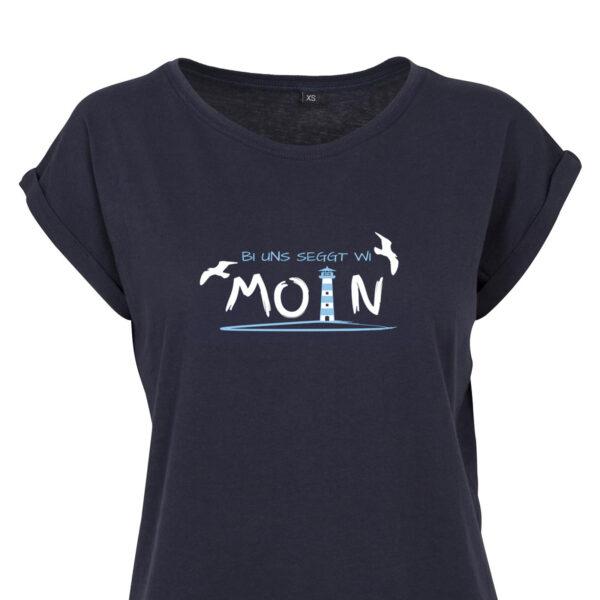 Maritimes Moin T-Shirt für Damen mit Spruch ‚Bi uns seggt wi Moin‘ auf Plattdeutsch | Marineblau