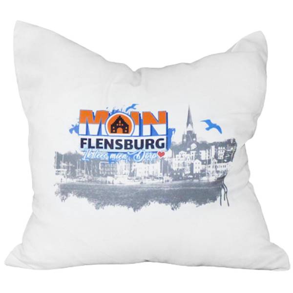 Dekoratives Kissen im Flensburg Design mit Hafen-Motiv bedruckt, zweifarbig (vorne weiß, hinten blau)