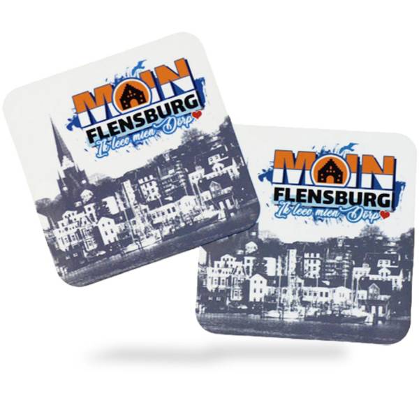 Flensburger Geschenke Untersetzer „Moin Flensburg“ mit Flensburger Hafen Skyline | 2er Set | eckig