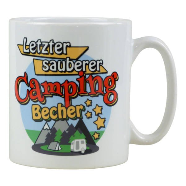 Coole Tasse mit Camper Spruch lustig ‚Letzter sauberer Camping-Becher‘, 330ml