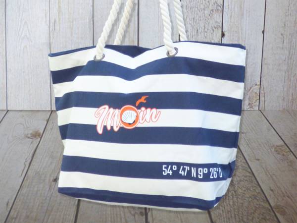 Strandtasche maritim blau gestreift mit Moin bedruckt