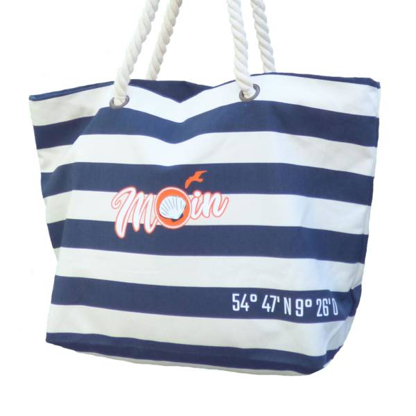 Strandtasche / Shopper maritim mit ReiÃŸverschluss blau gestreift mit ‚Moin‘ bedruckt