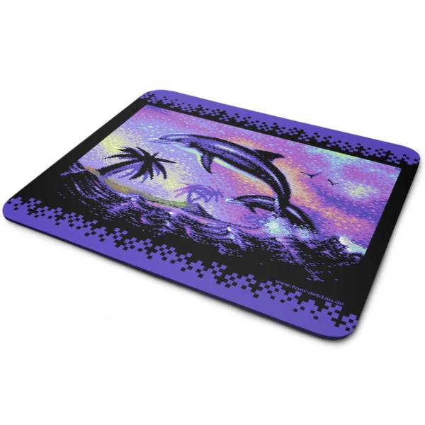 Pixel-Art Mousepad Unterlage mit Motiv „Dolphins can Fly“ im 80er Jahre Kitsch-Design