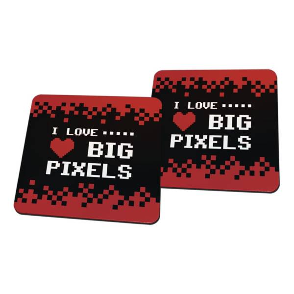 Retro Gamer Geschenk Untersetzer mit Spruch ‚I love Big Pixels‘ | Witzige Tischuntersetzer | 2er Set | eckig