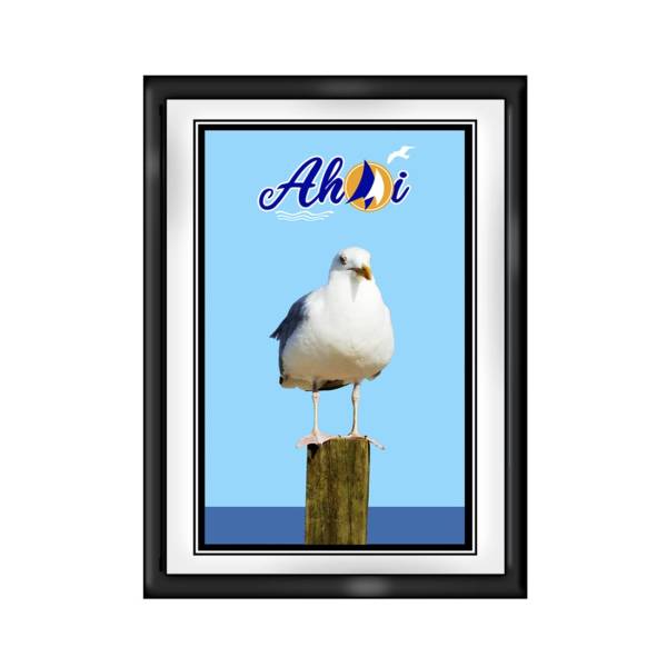 Maritimes Dekoratives Bild im wählbaren Rahmen, 18x13cm, Seefahrer-Gruß „Ahoi“ und Möwe