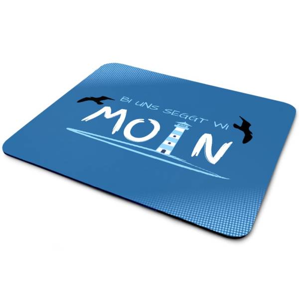 Mousepad maritimes Design mit Leuchtturm, Möwen und ‚bi uns seggt wi Moin‘ Text