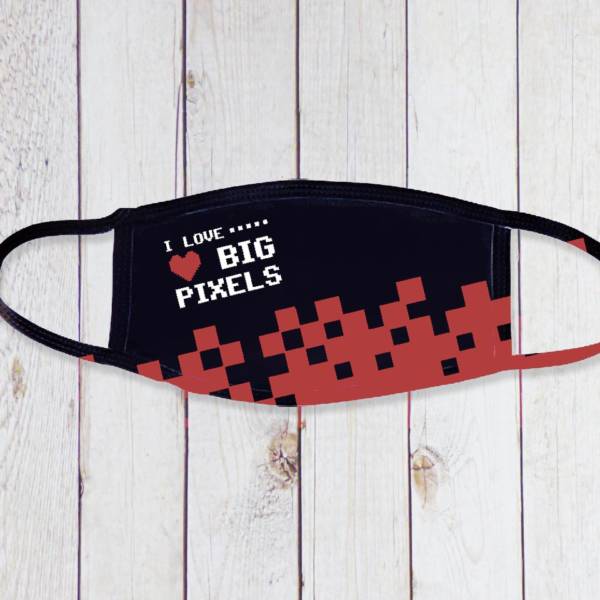 Communitymaske / Mund Nasen Bedeckung im Pixel-Design für Nerds, Geeks und Retro-Fans: „I LOVE BIG PIXELS“