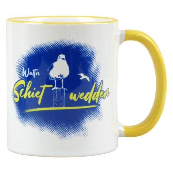 Tasse mit Möwe als Motiv mit ‚Wattn Schietwedder‘ Spruch Design, 330ml