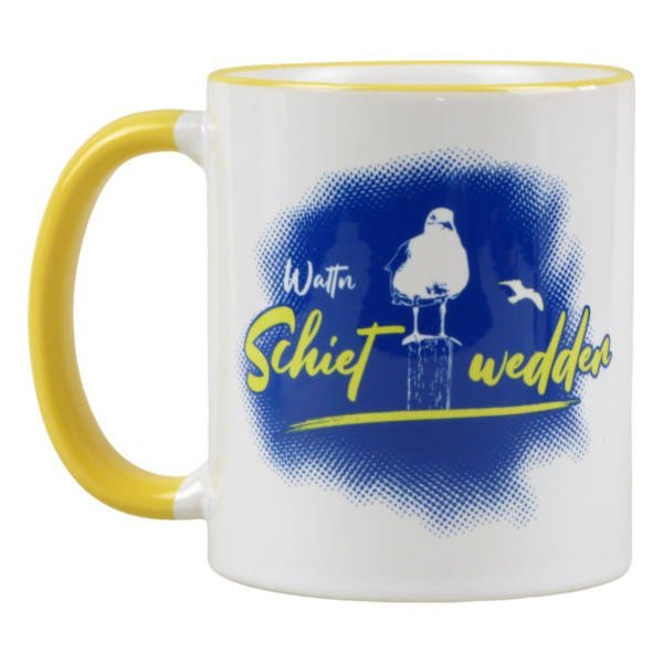 Motivtasse mit Schietwedder und Möwe