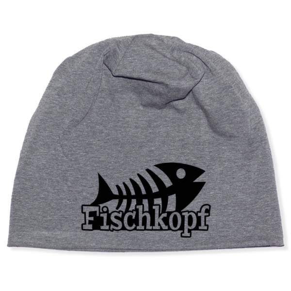 Maritimes Beanie in grau meliert mit Fischgräte und ‚Fischkopf‘ Schrift bedruckt. Farbe des Aufdrucks wählbar | Unisex