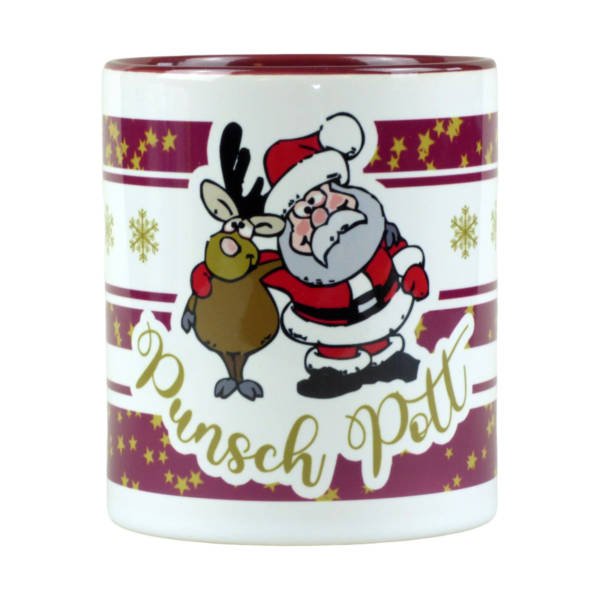 Glühwein Tasse mit lustigem Weihnachtsmann und Rentier Motiv für Punsch, 330ml