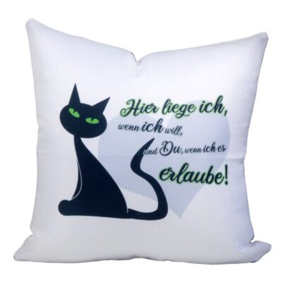 Zweifarbiges Dekokissen mit schwarzer Katze und Spruch bedruckt | Bezug mit Füllung 40x40cm | Zierkissen weiß und schwarz
