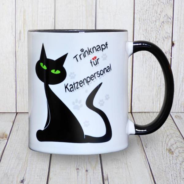Lustige Spruchtasse mit Katzen-Motiv aus Keramik  ‚Trinknapf für Katzenpersonal‘