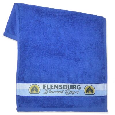 Frottee Gästehandtuch maritim blau mit ‘Flensburg – Ik leev min Dörp’ Motiv | 30×50 cm