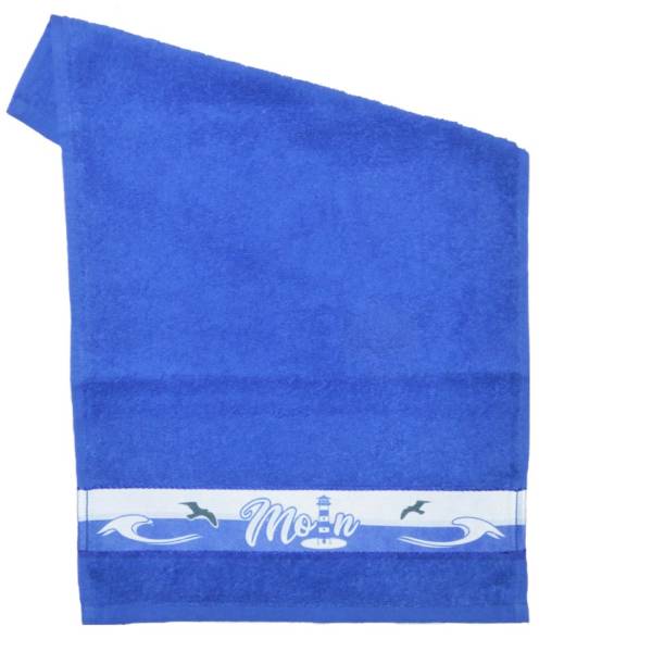 Maritim blaues Gästehandtuch mit Moin, Anker und Leuchtturm bedruckt | 30×50 cm Frottee Handtuch