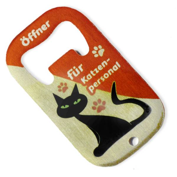 Lustiger und glänzender Edelstahl Flaschenöffner mit Katze und Spruch bedruckt