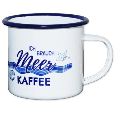 Emaille Tasse maritim mit wählbarem Spruch – ‘Ich brauch Meer Kaffee’, 300ml
