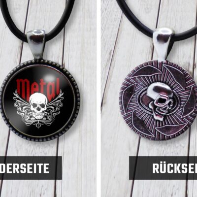 Totenkopf 20mm Anhänger, mit Band in Schwarz für den Hals als Schmuck / Modeschmuck aus Edelstahl