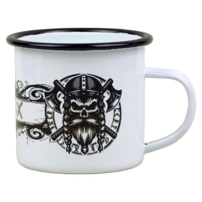 Emaille Tasse mit Wikinger Totenkopf und Runenschrift ‘Viking’, 300ml