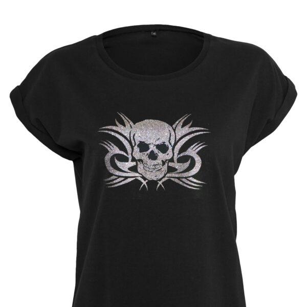 Damen T Shirt mit Glitzer Totenkopf und Tribal | Cooles Heavy Metal und Glam Metal Geschenk
