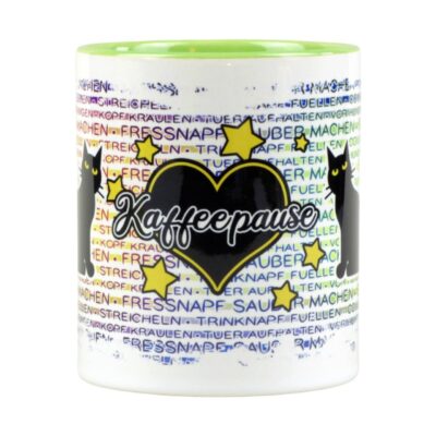 Tasse mit Katze ‘Kaffeepause’ als Motiv bedruckt für Katzenhalter, 330ml