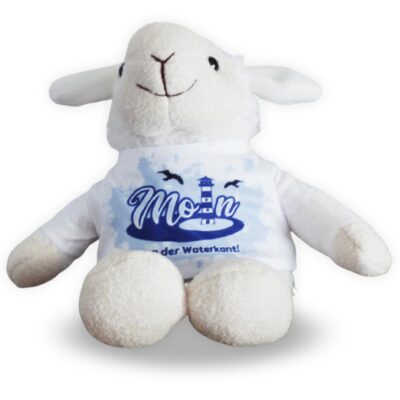 Flauschiges Kuscheltier Schaf mit Leuchtturm und ‘Moin’ maritim bedruckt | ca. 20cm Sitzhöhe