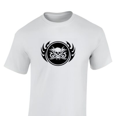 Cooles weißes T Shirt mit Totenkopf und Tribal für Herren | Geschenke für Metal Fans | 100% Baumwolle