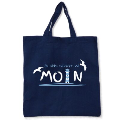 Lustige Moin Tasche mit Leuchtturm, Möwe und Spruch auf Plattdeutsch | Stoffbeutel | Baumwolle