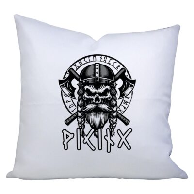 Wikinger Kissen mit Totenkopf, Futhark Runen | Deko Kissen | Zweifarbig | Cooles Geschenk für Wikinger Fans