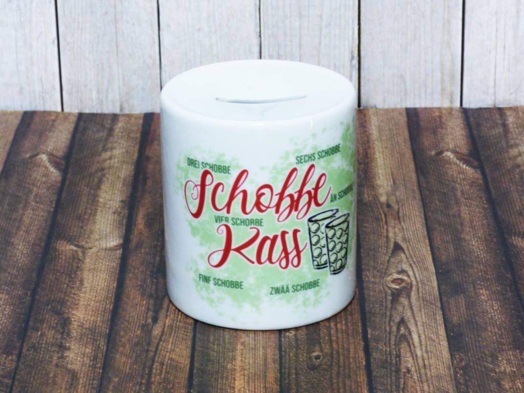 Spardose aus Porzellan mit lustigem Spruch auf Pfälzisch Fördeblau