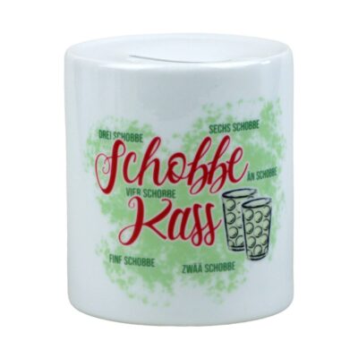 Spardose aus Porzellan mit lustigem Spruch auf Pfälzisch ‘Schobbe Kass’