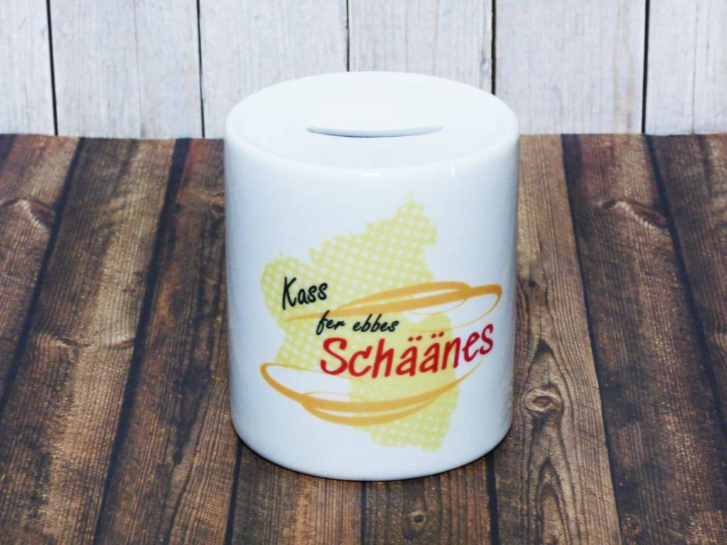 Lustige Spardose aus Porzellan mit Spruch auf Pfälzisch