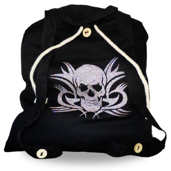 Schwarzer Rucksack mit glitzerndem Totenkopf bedruckt im coolen Skull Design aus Bio-Baumwolle