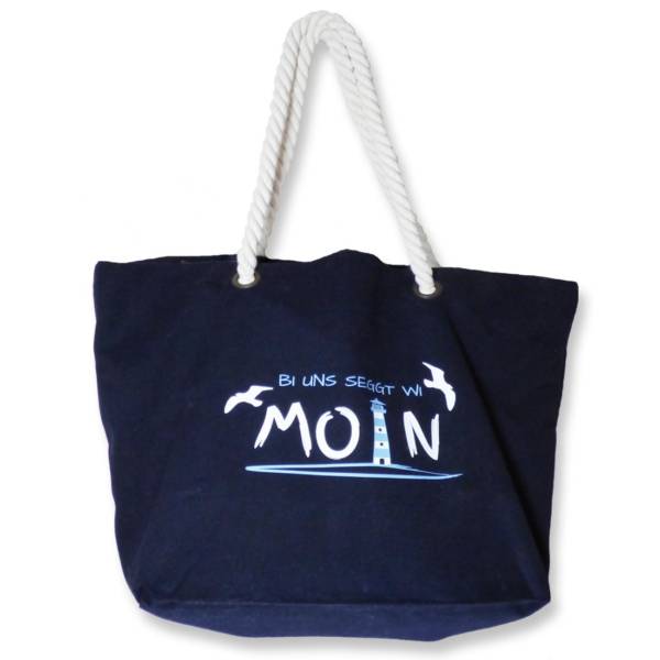 Große blaue Strandtasche / Einkaufstasche | maritimes Moin Motiv mit Leuchtturm