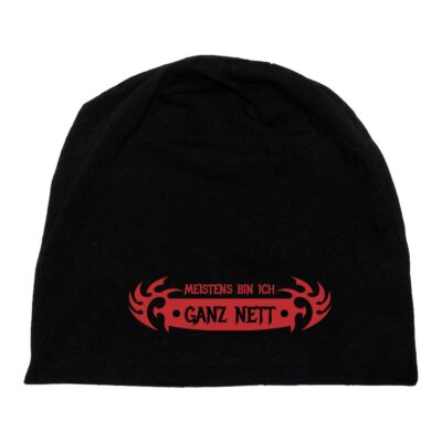 Coole Beanie Mütze mit Spruch ‘Meistens bin ich ganz nett’ | Lustige Jersey Sprüche Mützen Unisex | Schwarz