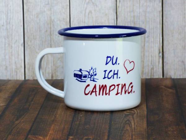 Emaille Becher mit Camping-Spruch