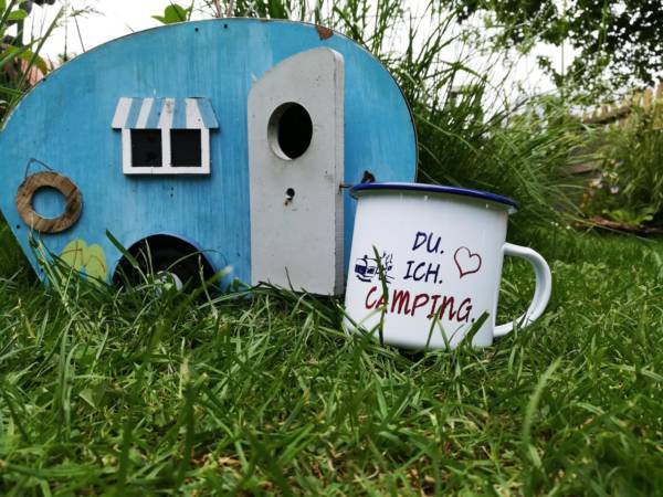 Emaille Tasse Camping mit Spruch