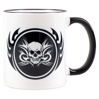 Zweifarbiger Motiv-Becher mit Totenkopf und Tribals bedruckt – Rand und Henkel schwarz