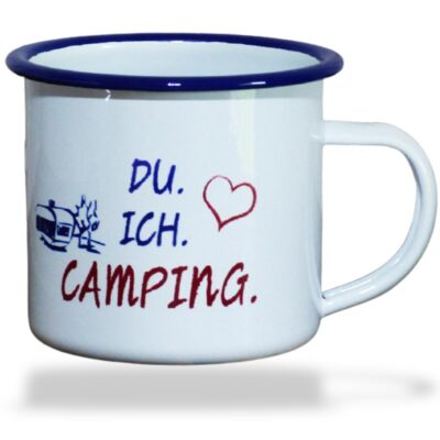 Camping Tasse Emaille mit Spruch ‘Du. Ich. Camping’