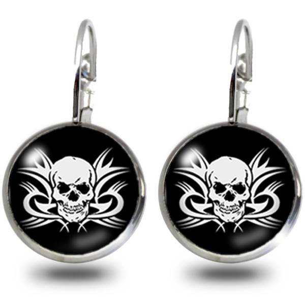 Totenkopf mit Tribals – 12mm Modeschmuck Edelstahl Ohrringe hängend