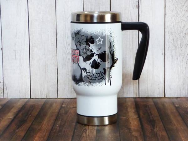 Edelstahl Motiv To Go Thermobecher mit Griff - mit Totenkopf und Spruch