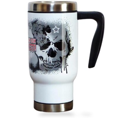 Edelstahl Motiv To Go Thermobecher mit Griff – mit Totenkopf und Spruch