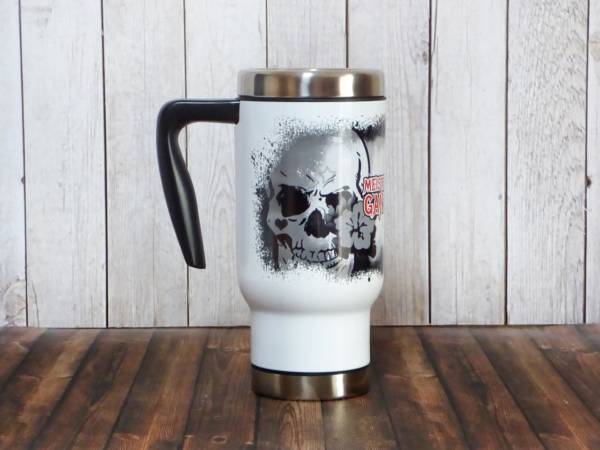 Edelstahl Motiv To Go Thermobecher mit Griff - mit Totenkopf und Spruch