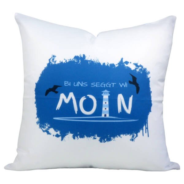 Maritimes Kissen 40x40cm mit Moin-Motiv im Dialekt | Rückseite einfarbig blau